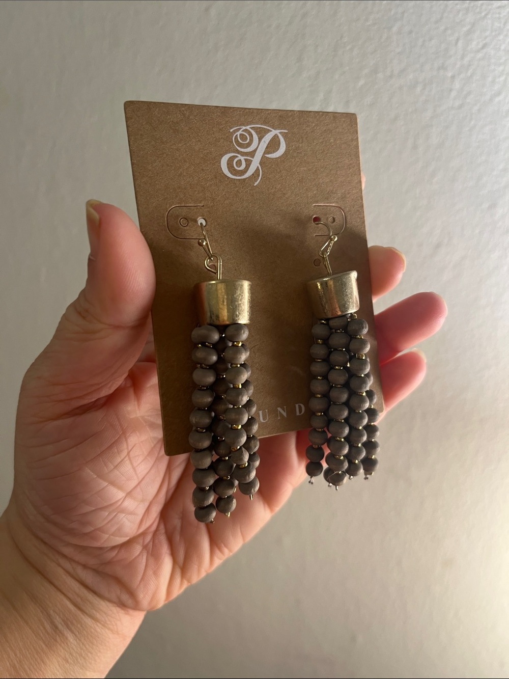 Plunder Gray Beaded Tassel Earrings with Gold Caps